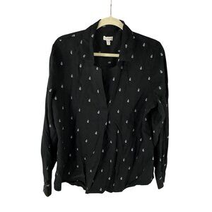 Garnet Hill Women's Long Sleeve Button-Up Shirt Floral Size 14 Black Whimsygoth